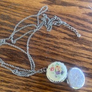 Long Vintage locket Silver Floral Porcelain Locket Necklace - Women Jewelry
